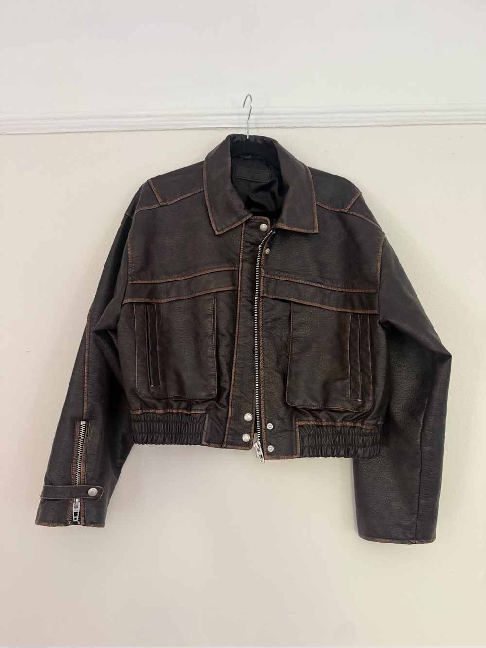 Blank NYC Dark Brown Cropped Faux Leather Bomber Jacket
